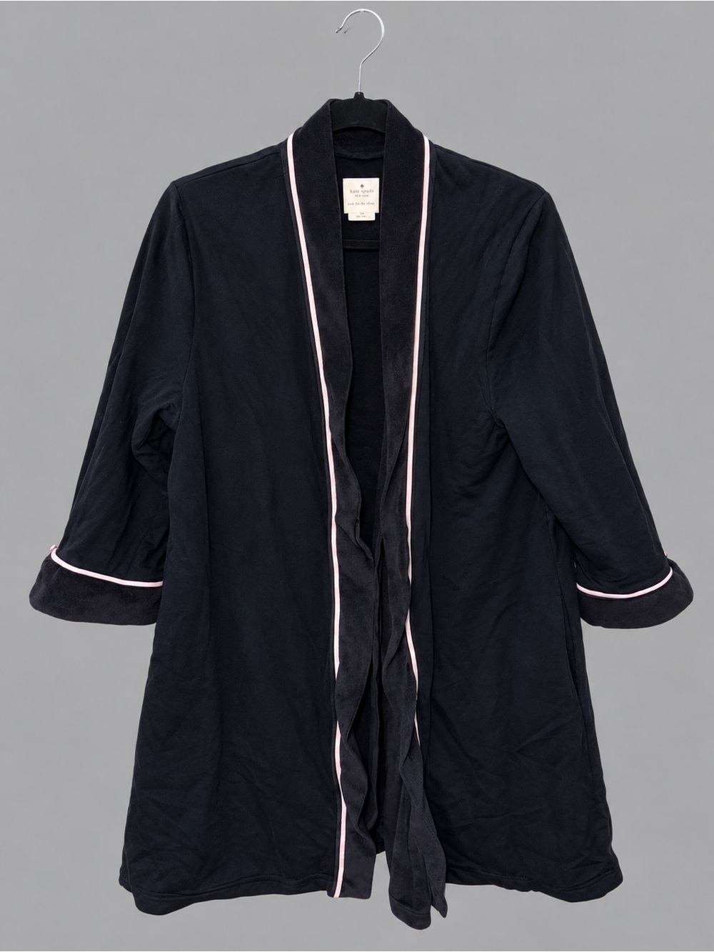 Kate Spade New York Night Owl Black Plush Robe Pink Trim Women’s Medium